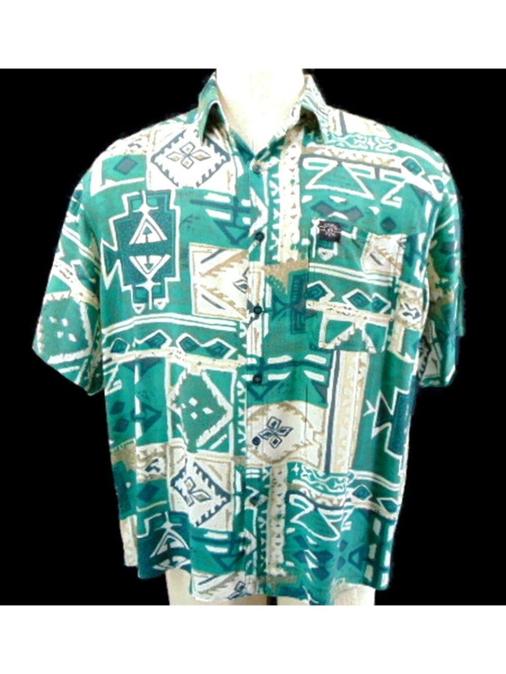 Vintage Hang Ten Green Geometric Print Hawaiian Shirt XL Rayon Viscose Pocket